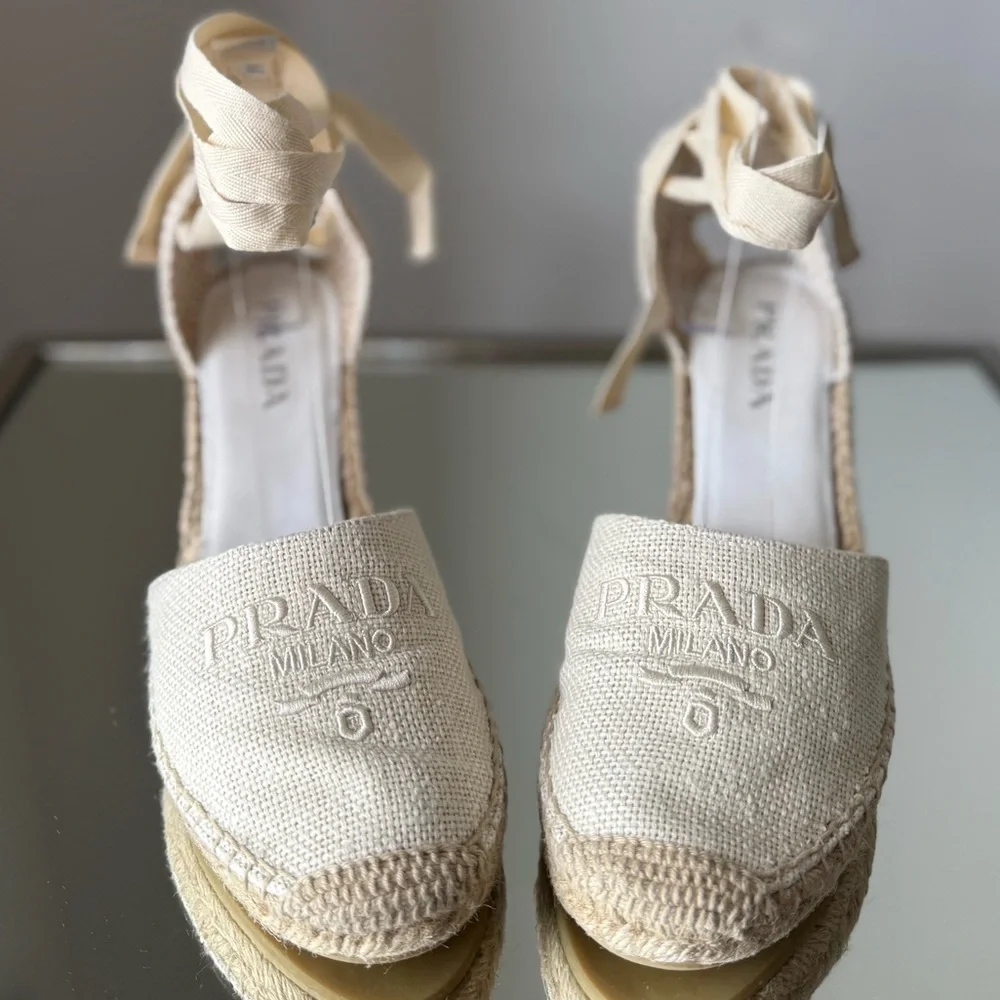 Like New Prada Linen Espadrille Wedge Sandals 41